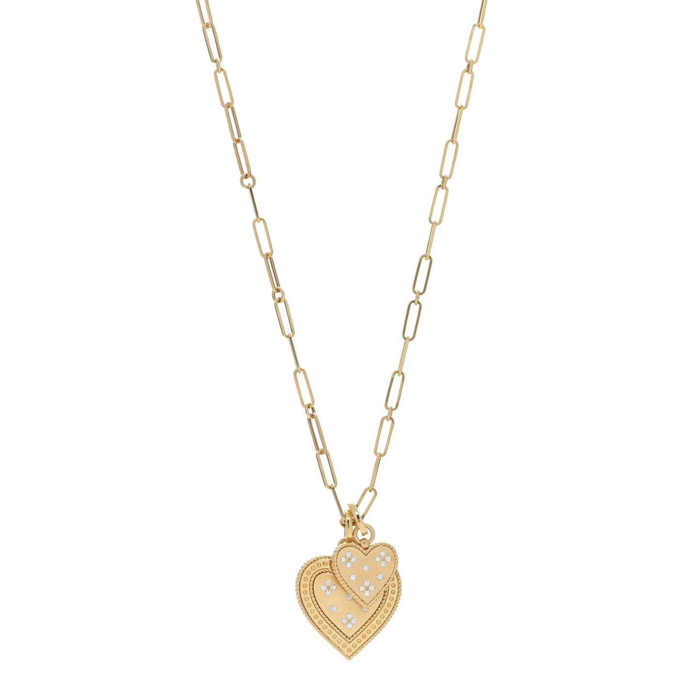 18K Yellow Gold Diamond Venetian Princess Two Heart Medallion Charm Necklace