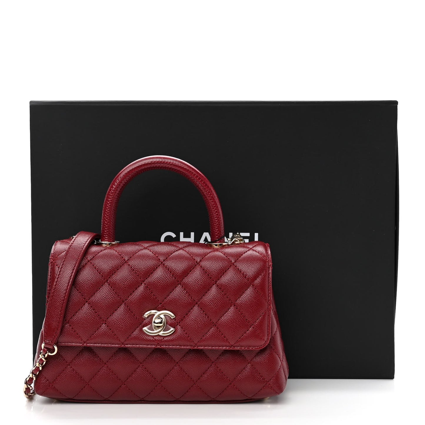 Caviar Lizard Embossed Quilted Mini Coco Handle Flap Burgundy