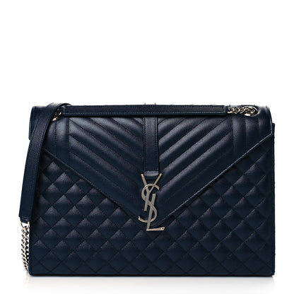 Saint Laurent Grain De Poudre Mixed Matelasse Triquilt Large Monogram Satchel Deep Marine 1 of 10