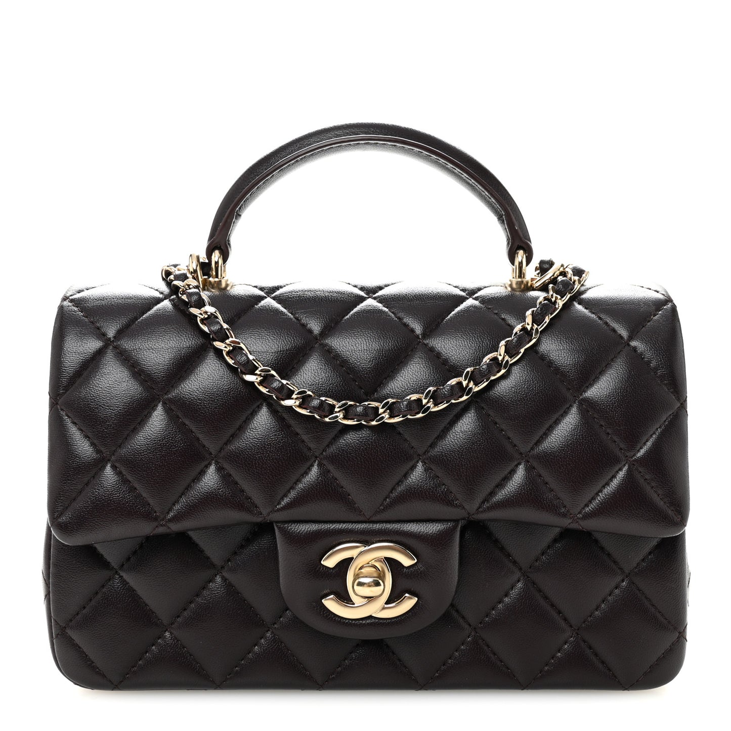 Lambskin Quilted Mini Top Handle Rectangular Flap Dark Purple