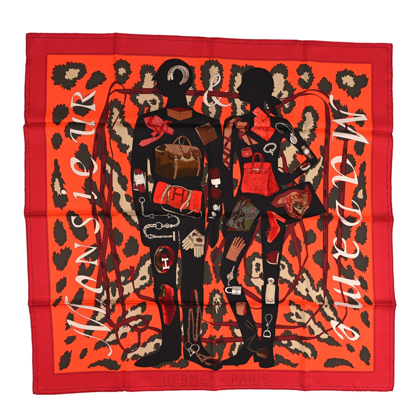 Silk Monsieur et Madame II Scarf 90 Rouge Orange Kaki