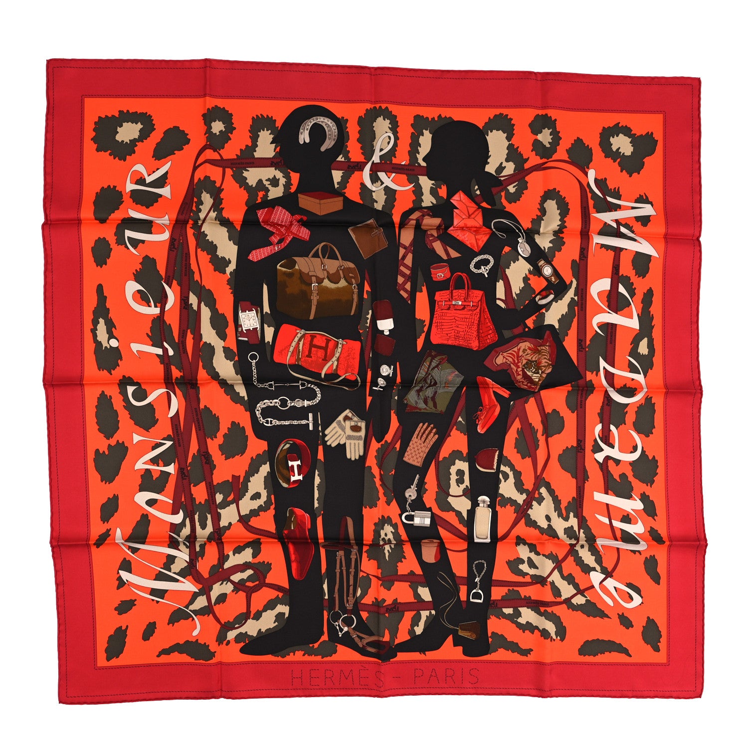 Hermes Silk Monsieur et Madame II Scarf 90 Rouge Orange Kaki 1 of 3
