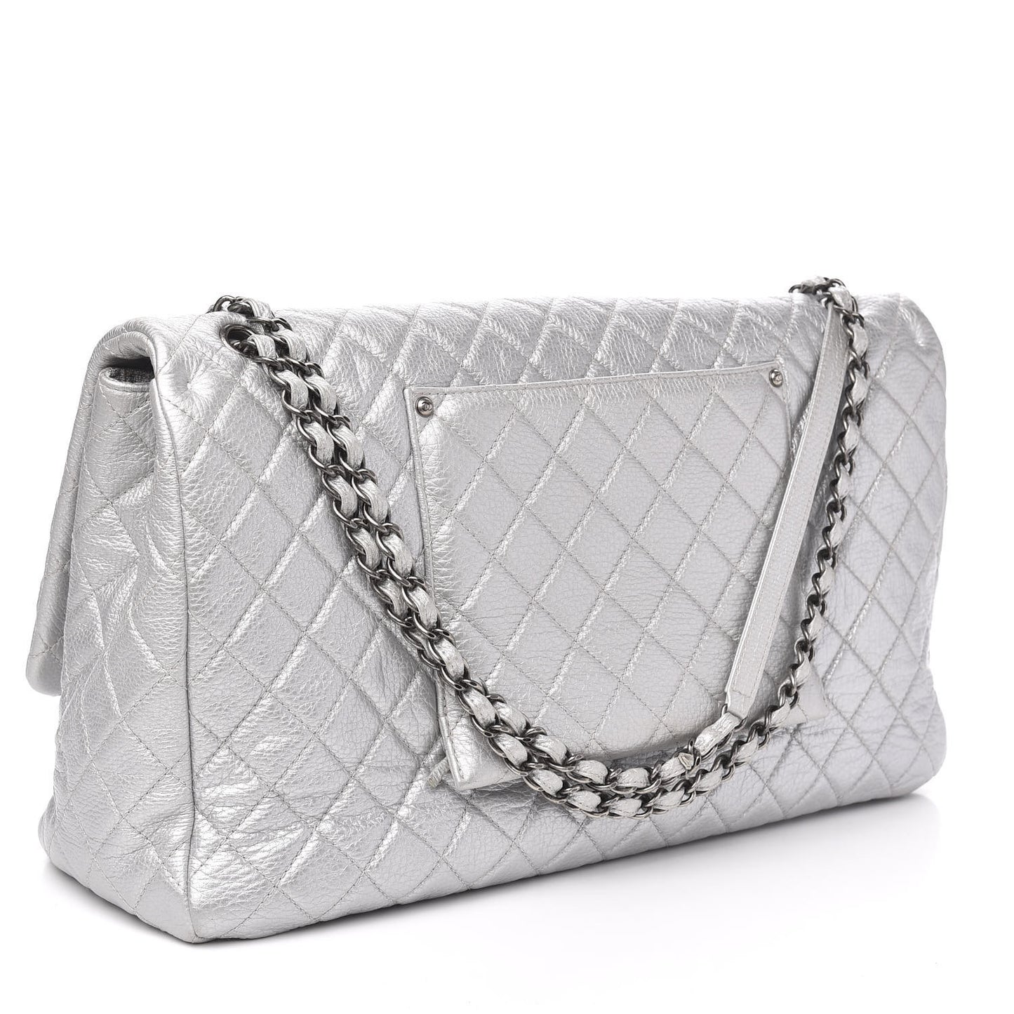 Metallic Calfskin Quilted XXL Travel Flap Bag Silver