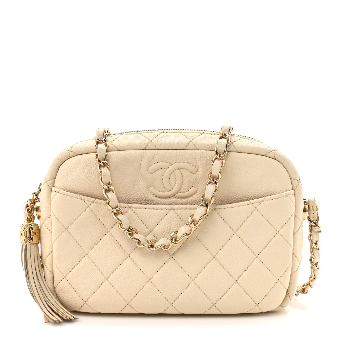 Caviar Flat Quilted Small Coco Tassel Camera Case White
