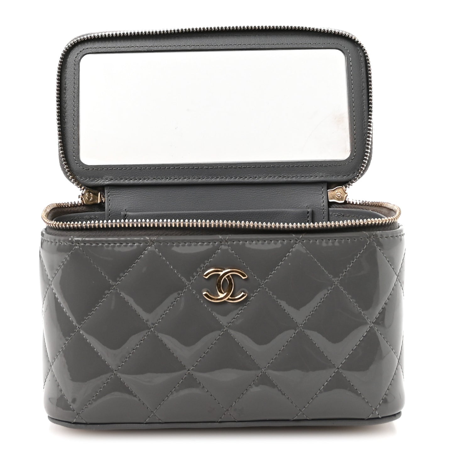 Patent Quilted Quilted Small Top Handle Vanity Case With Chain Grey