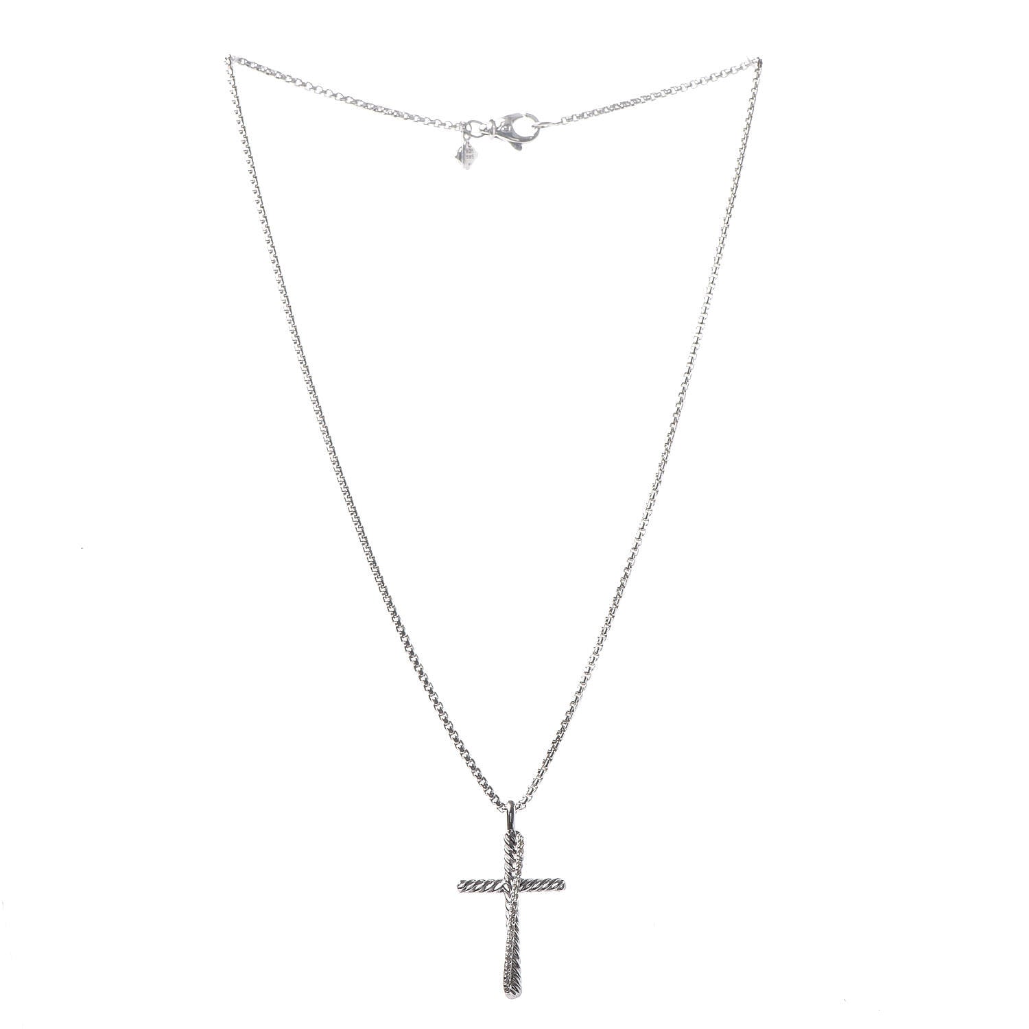 David Yurman Sterling Silver 14K White Gold Diamond 35mm Crossover Cross Necklace 3 of 7