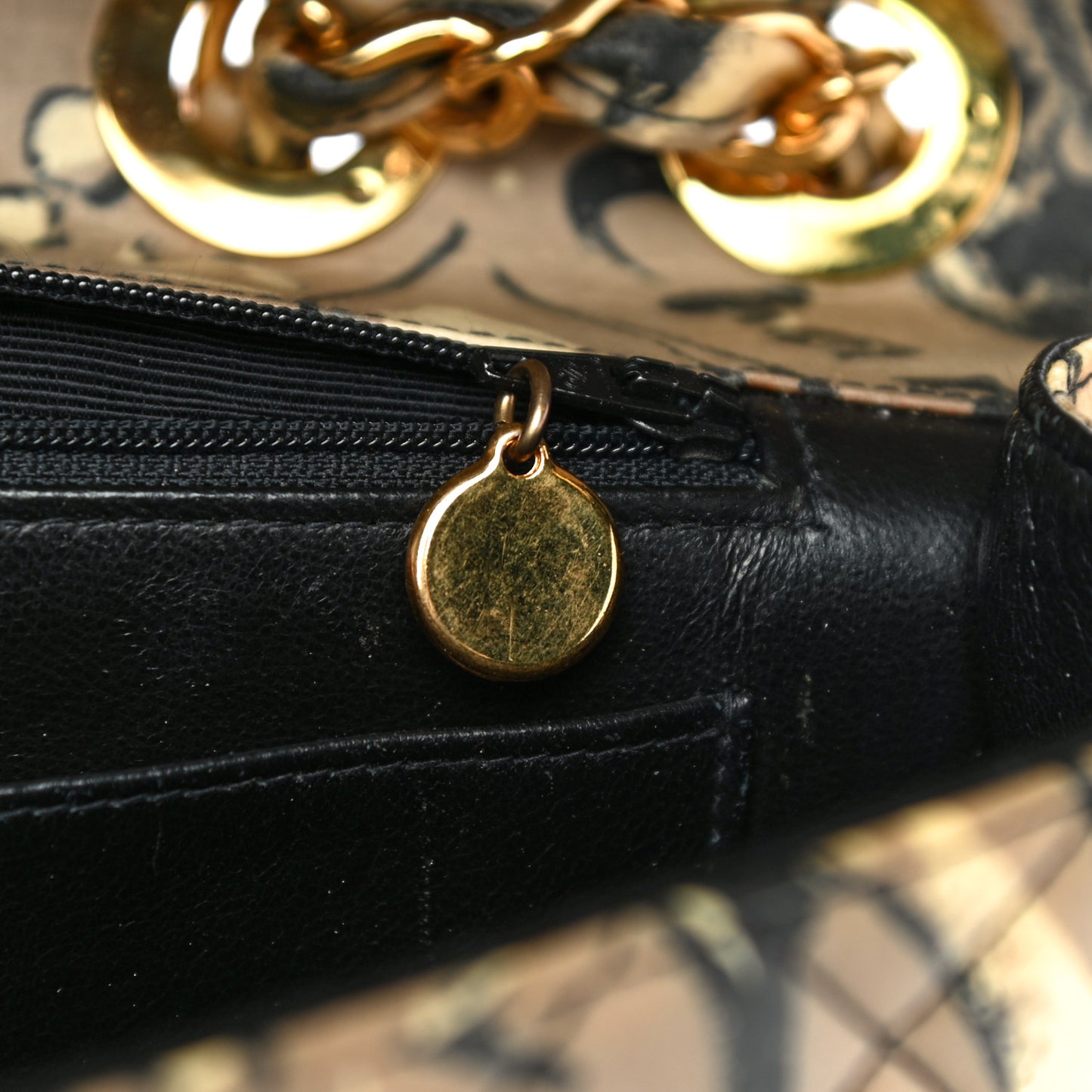 Coated Canvas Printed Quilted Medium Single Flap Black Beige Multicolor