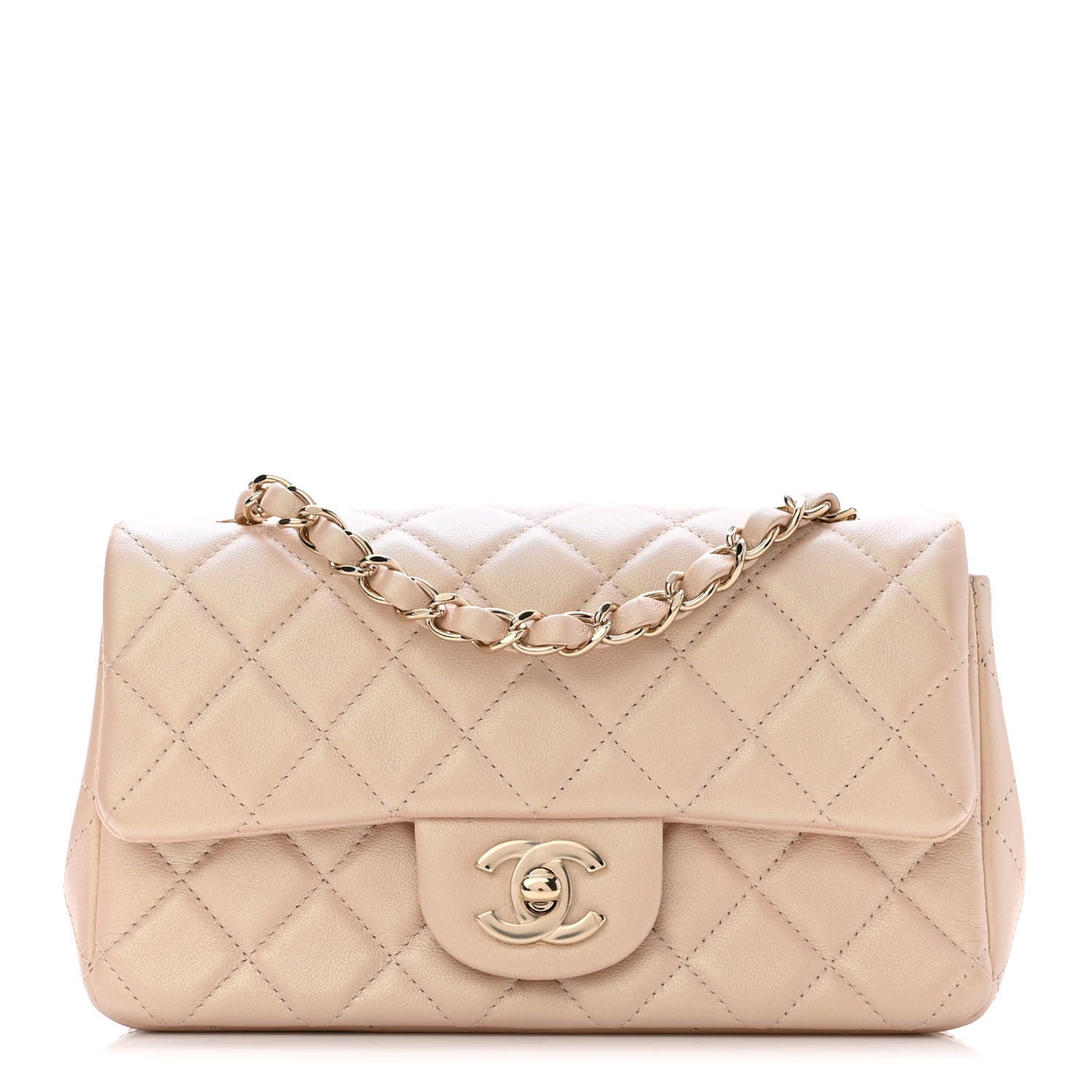 Iridescent Calfskin Quilted Mini Rectangular Flap Beige