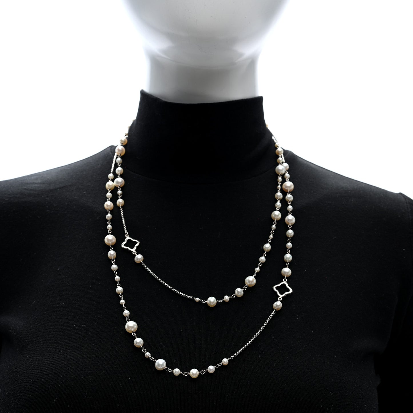 Sterling Silver Pearl Quatrefoil Long Chain Necklace