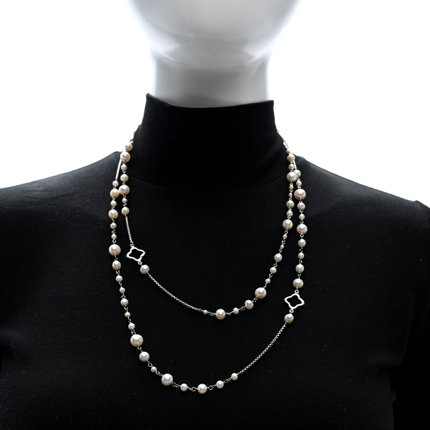 David Yurman Sterling Silver Pearl Quatrefoil Long Chain Necklace 2 of 4