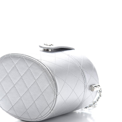 Chanel Metallic Lambskin Quilted Round Vanity Case With Chain Silver 10 of 12
