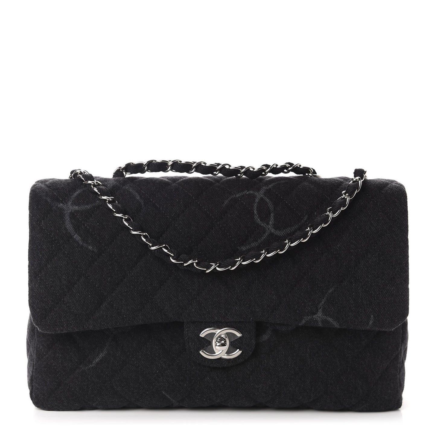 Denim Quilted CC Print Jumbo Single Flap Black