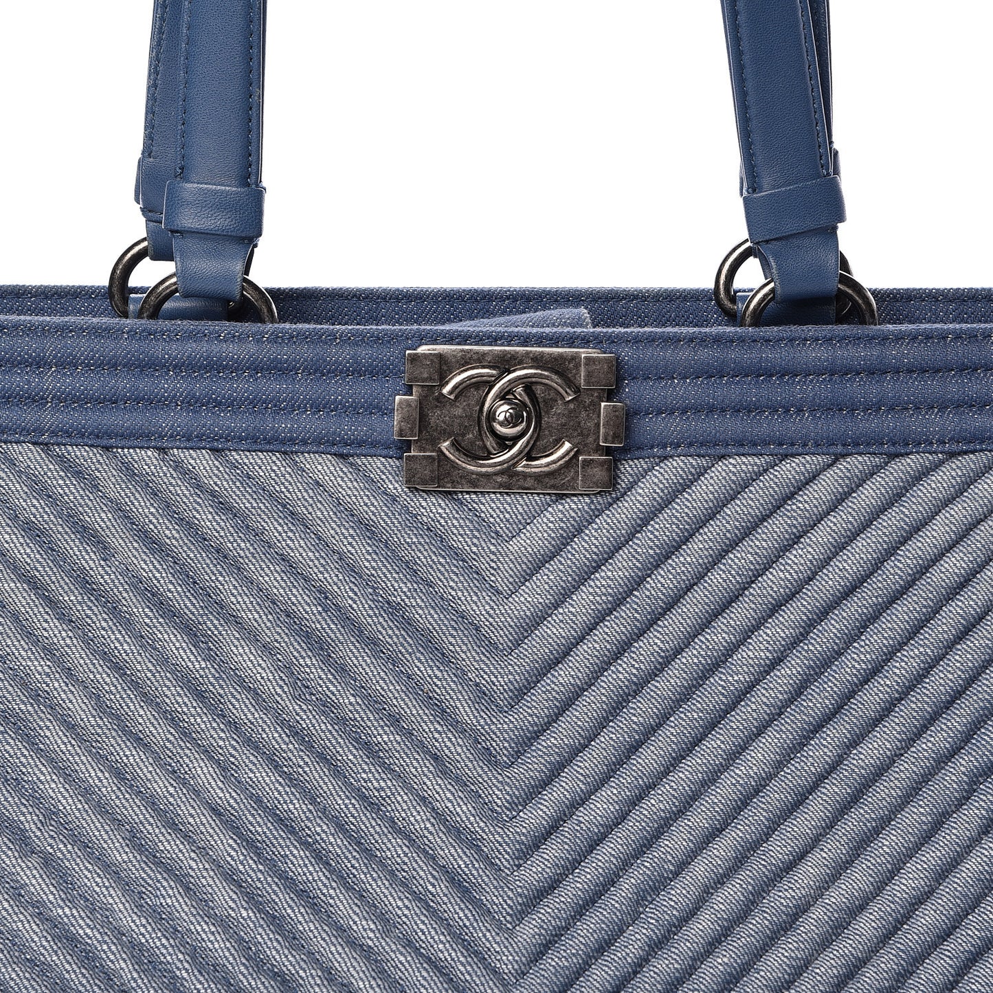 Denim Chevron Quilted Large Boy Shopping Tote Light Blue