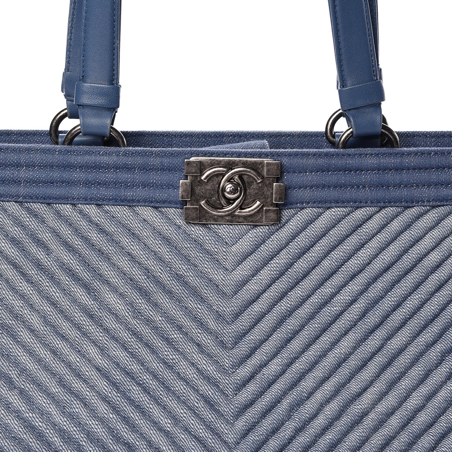 Chanel Denim Chevron Quilted Large Boy Shopping Tote Light Blue 8 of 17
