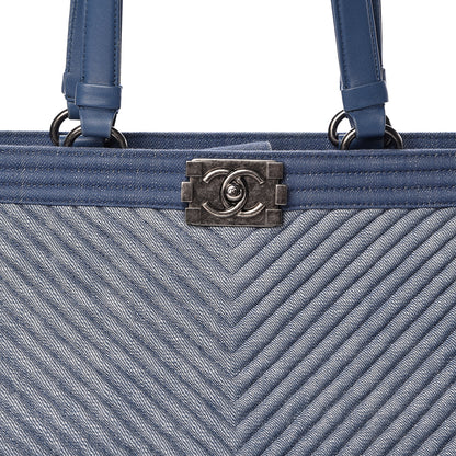 Chanel Denim Chevron Quilted Large Boy Shopping Tote Light Blue 8 of 17