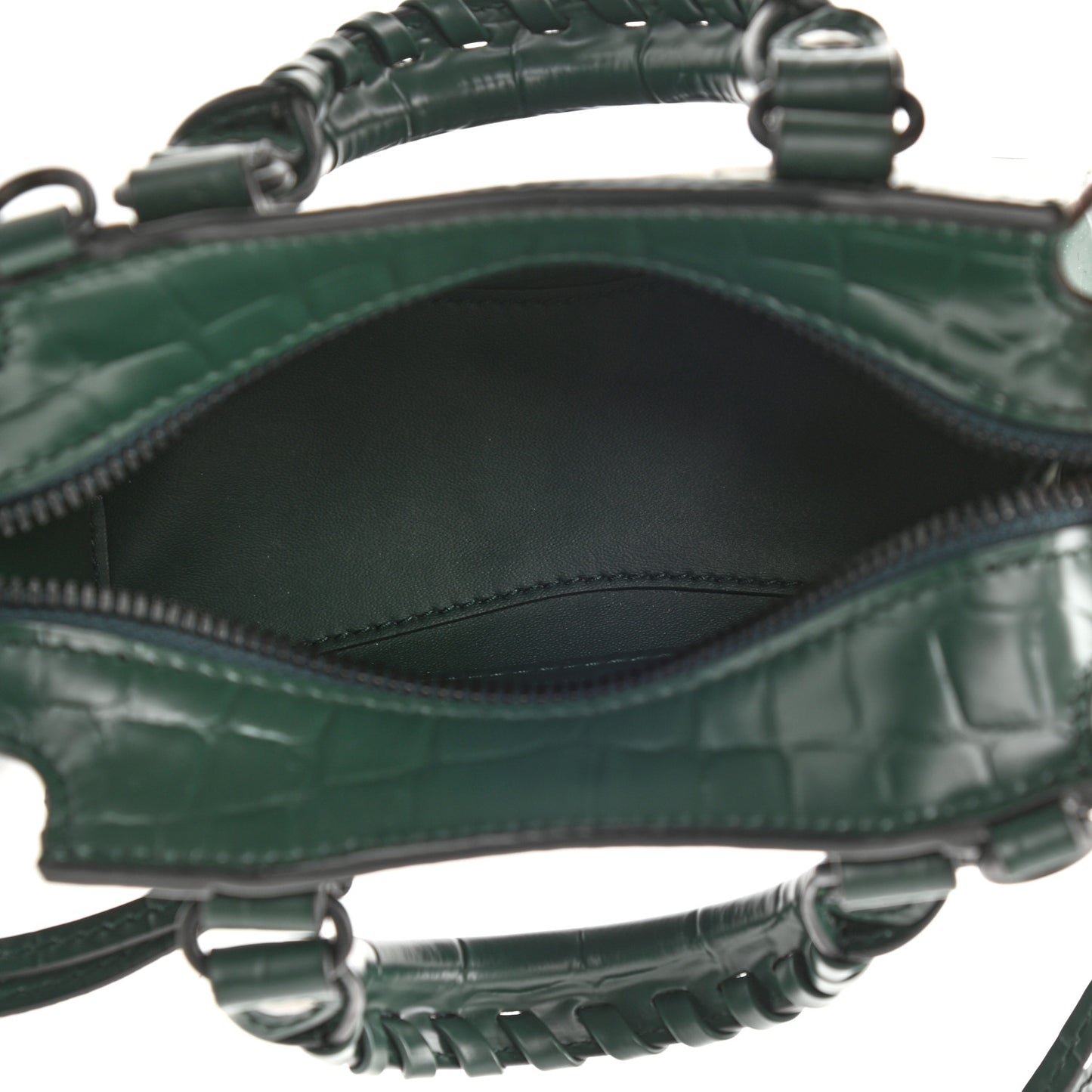 Semi Shiny Calfskin Crocodile Embossed Neo Classic Black Hardware Nano City Crossbody Forest Green