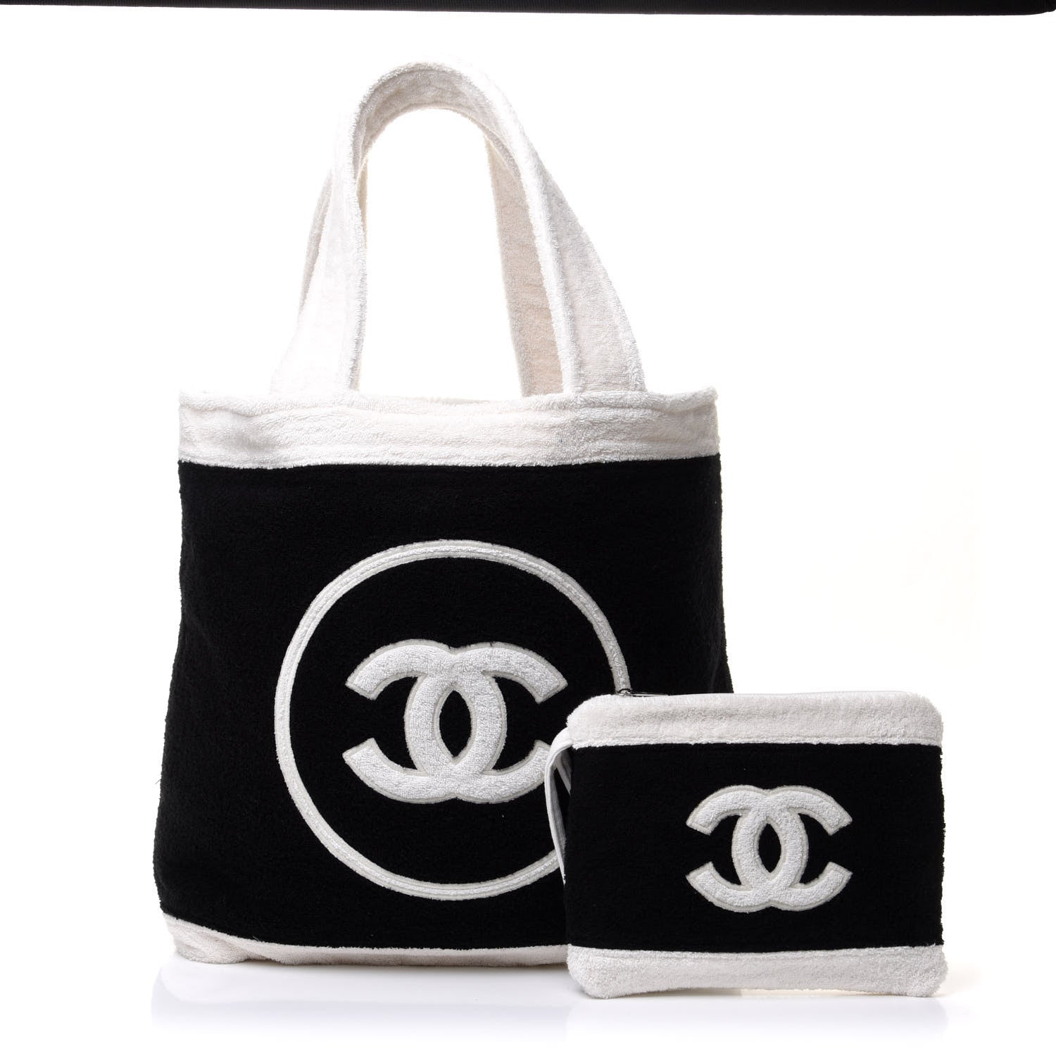 Chanel Terry Cotton CC Beach Tote Towel Set Black White 3 of 12