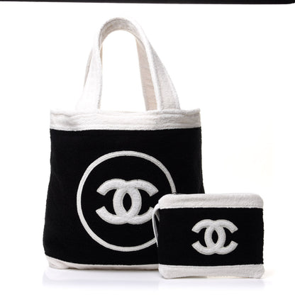 Chanel Terry Cotton CC Beach Tote Towel Set Black White 3 of 12