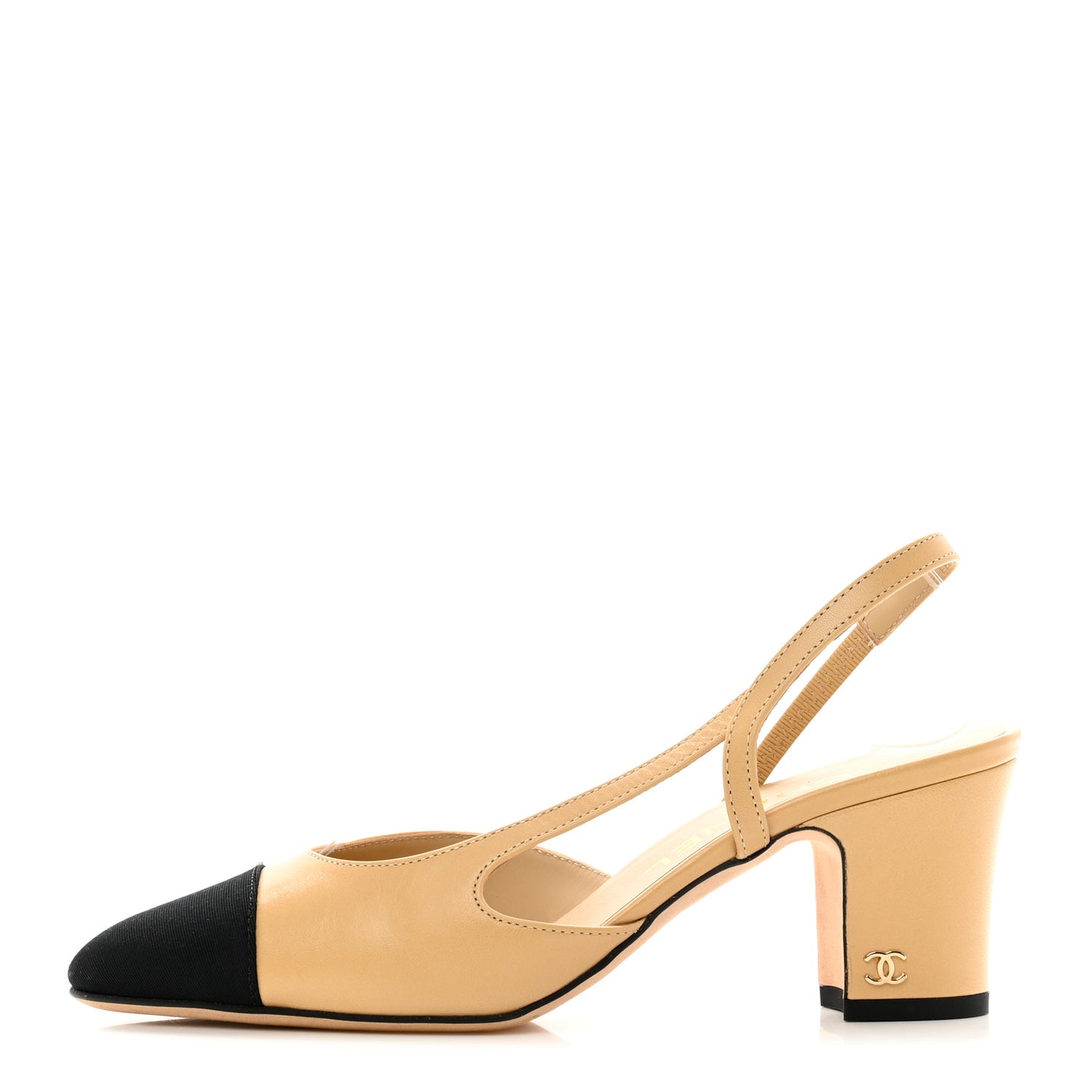 Lambskin Grosgrain Cap Toe CC Slingback Pumps 36 Beige Black