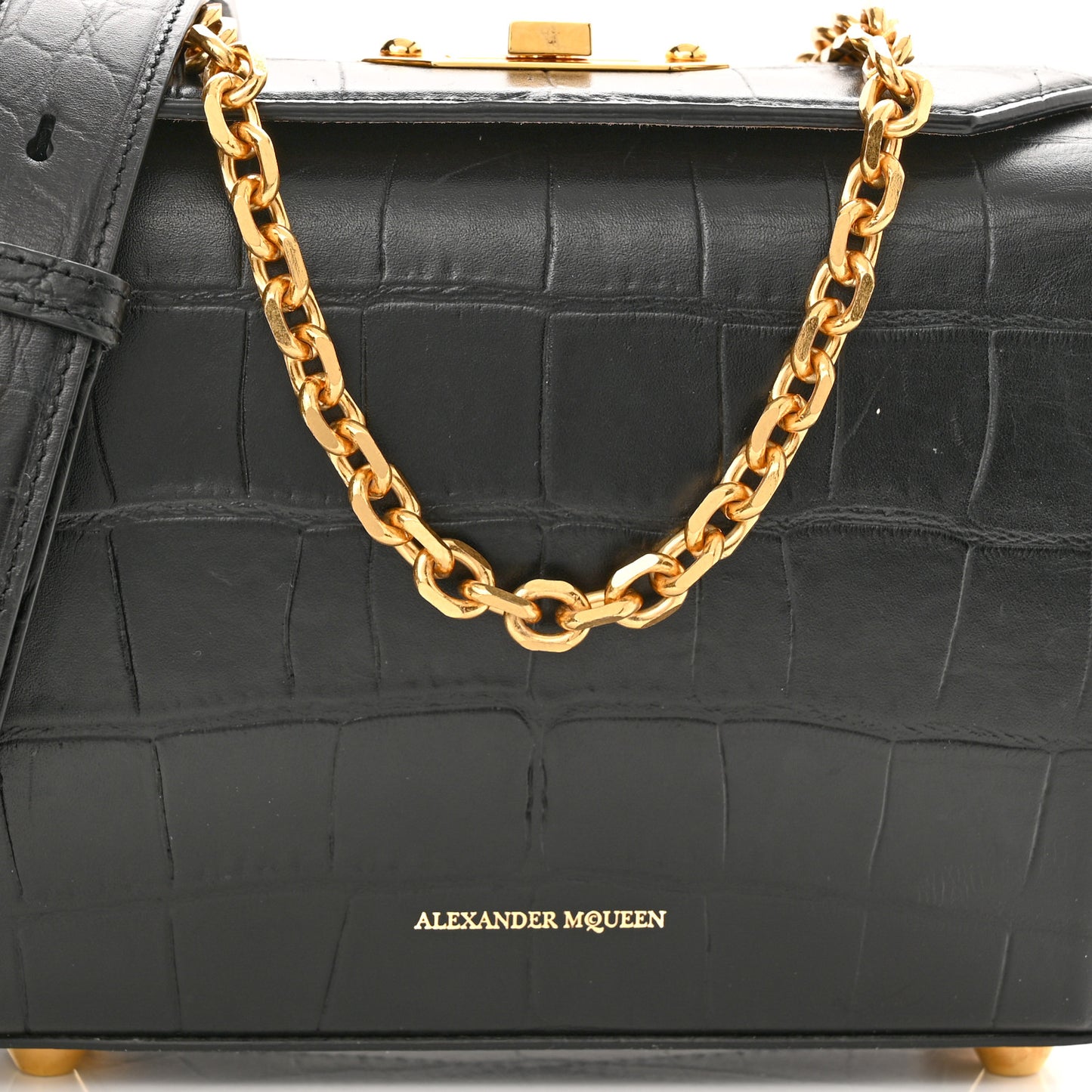 Calfskin Crocodile Embossed Box Shoulder Bag 19 Black