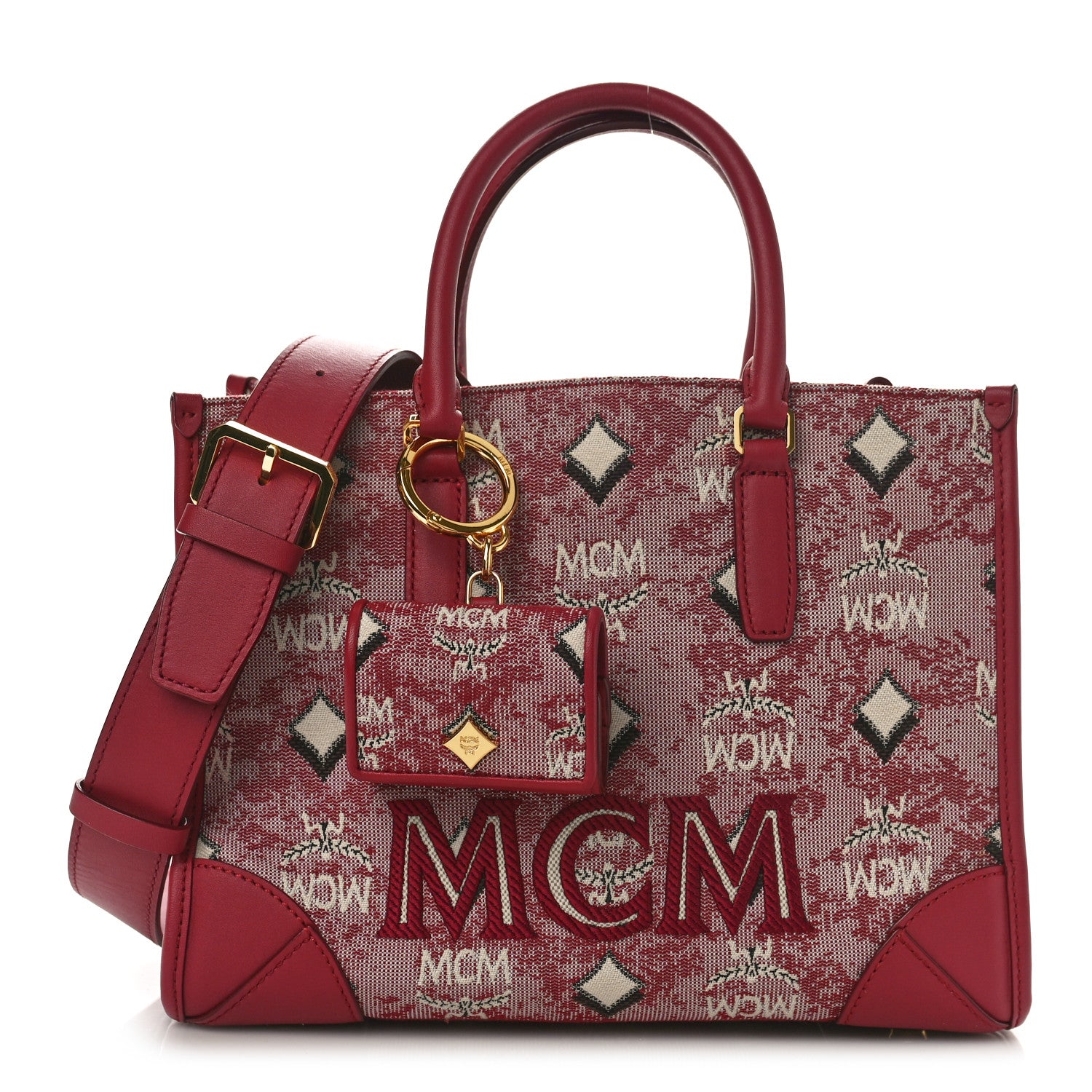 MCM Vintage Jacquard Monogram Small Munchen Tote Red 1 of 8