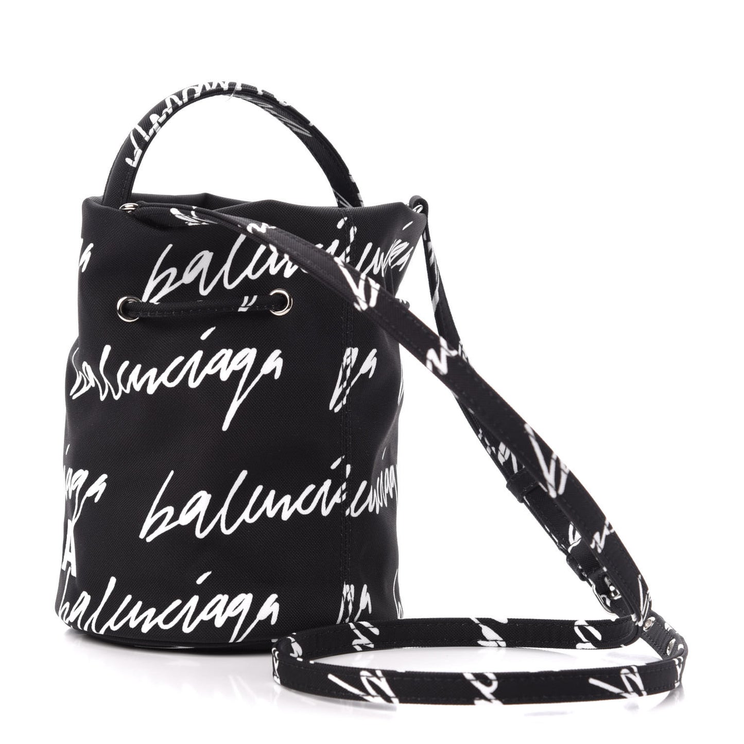 Recycled Sport Nylon Scribble Logo Embroidered Wheel Drawstring Bucket Bag XS Black White