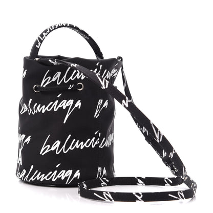 Balenciaga Recycled Sport Nylon Scribble Logo Embroidered Wheel Drawstring Bucket Bag XS Black White 4 of 11