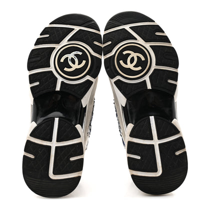 Chanel Tweed Suede Calfskin Womens CC Sneakers 37 Dark Blue Black Grey White 6 of 9