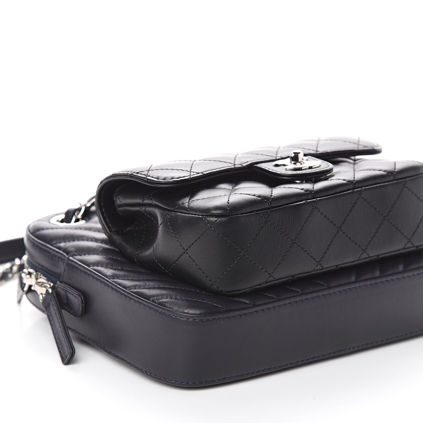 Calfskin Chevron Quilted Double Camera Bag With Flap Black