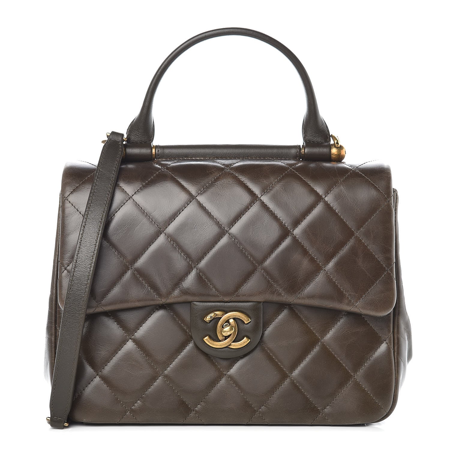 Chanel Calfskin Quilted Medium Gold Bar Top Handle Flap Dark Khaki 1 of 22