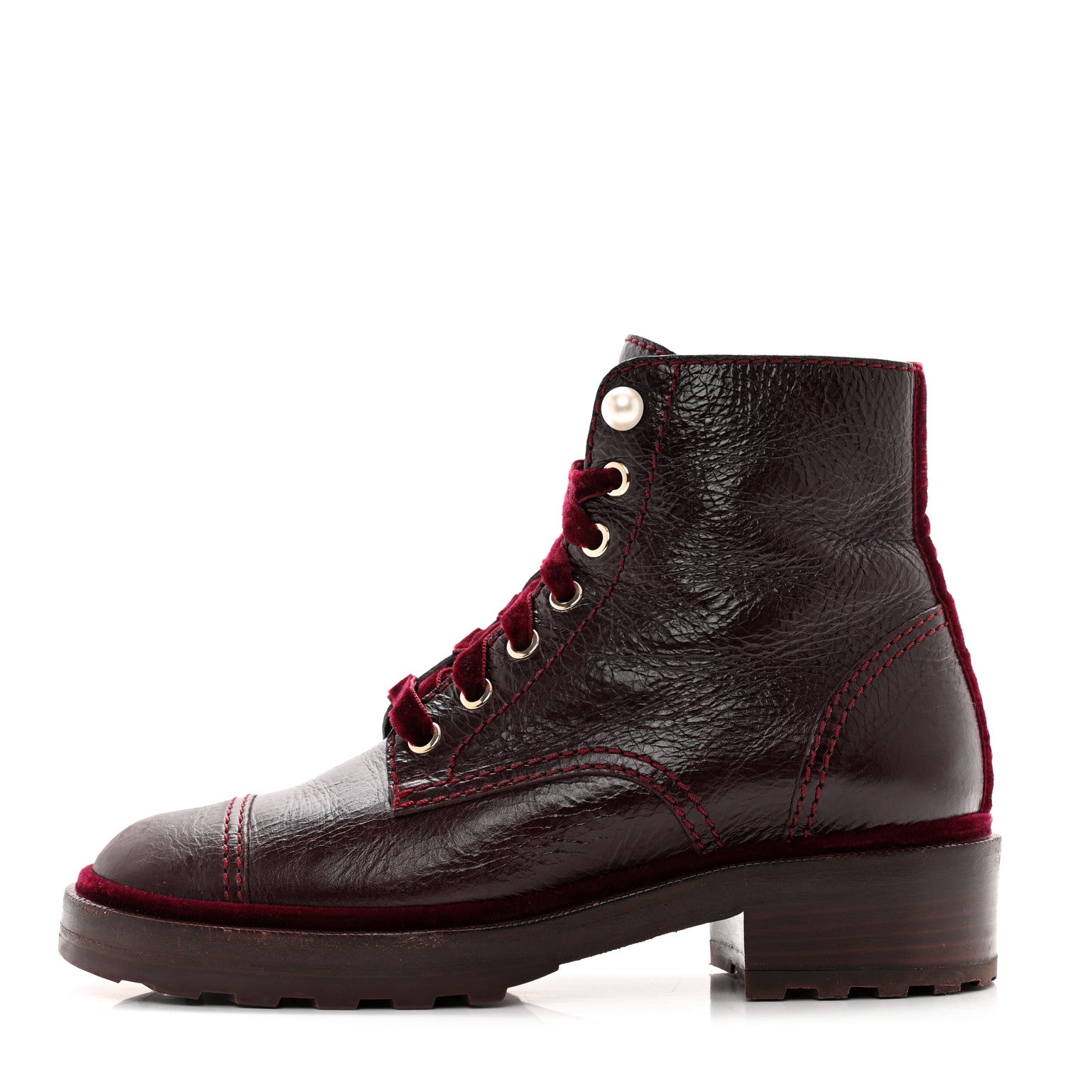 Chanel Shiny Calfskin Velvet Pearl Combat Short Boots 37.5 Burgundy 1 of 10