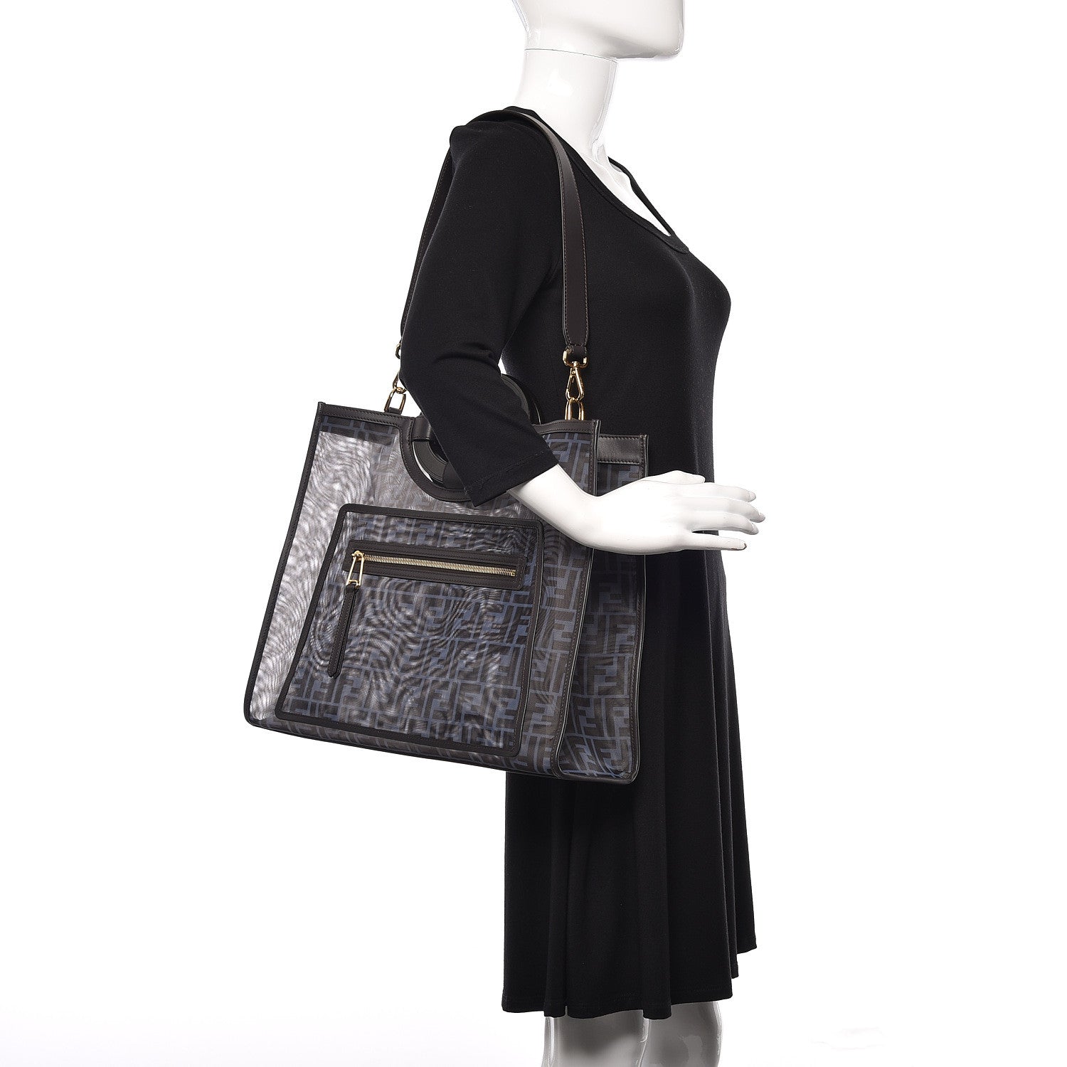 Fendi Mesh Vitello Century Cuoio FF 1974 Medium Runaway Shopper Tote Azzurro Black Ebano 2 of 13