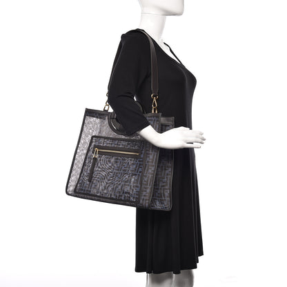 Fendi Mesh Vitello Century Cuoio FF 1974 Medium Runaway Shopper Tote Azzurro Black Ebano 2 of 13