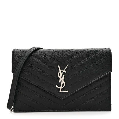 Saint Laurent Grain De Poudre Matelasse Chevron Monogram Envelope Chain Wallet Black 1 of 13