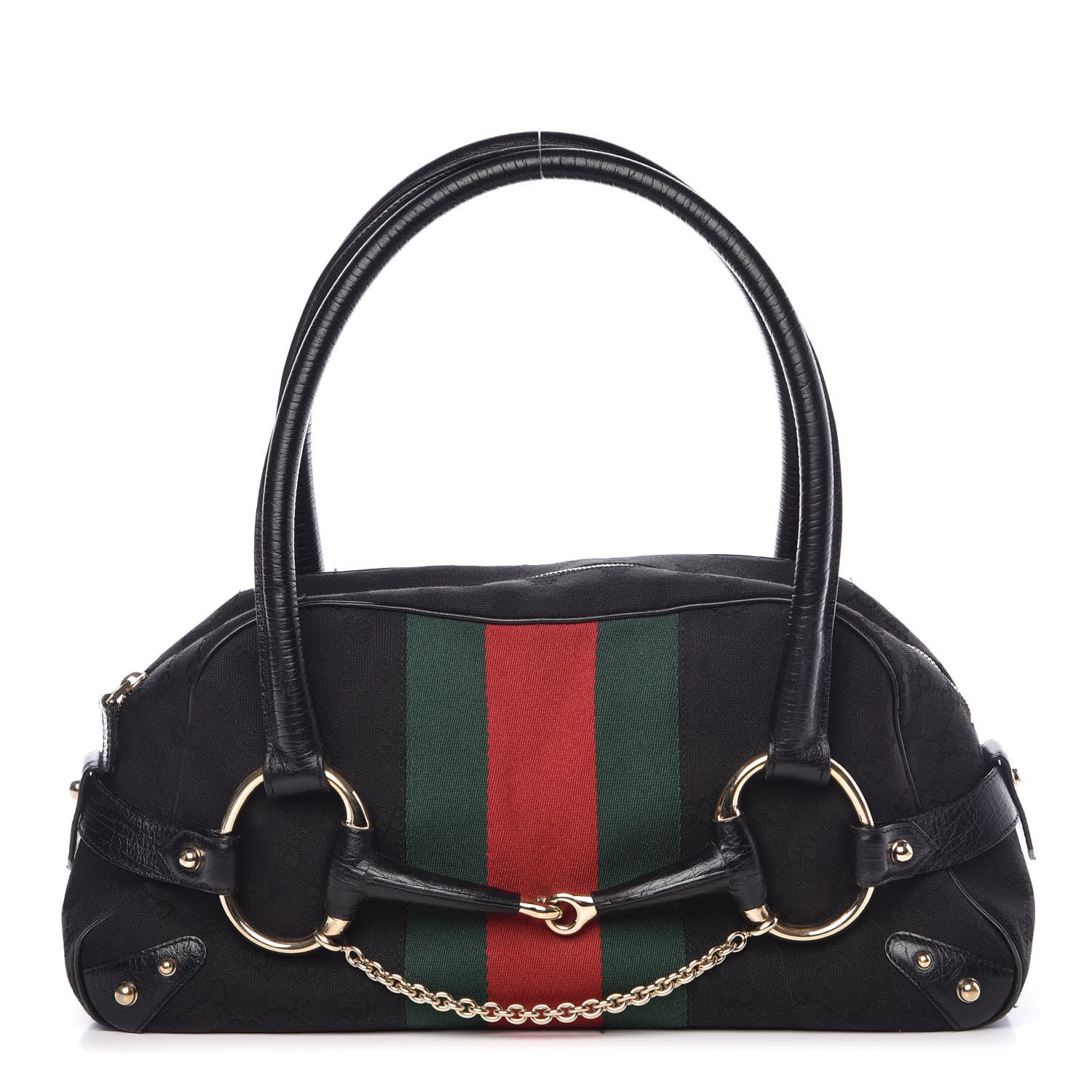Gucci Monogram Web Large Horsebit Satchel Chain Black 1 of 15
