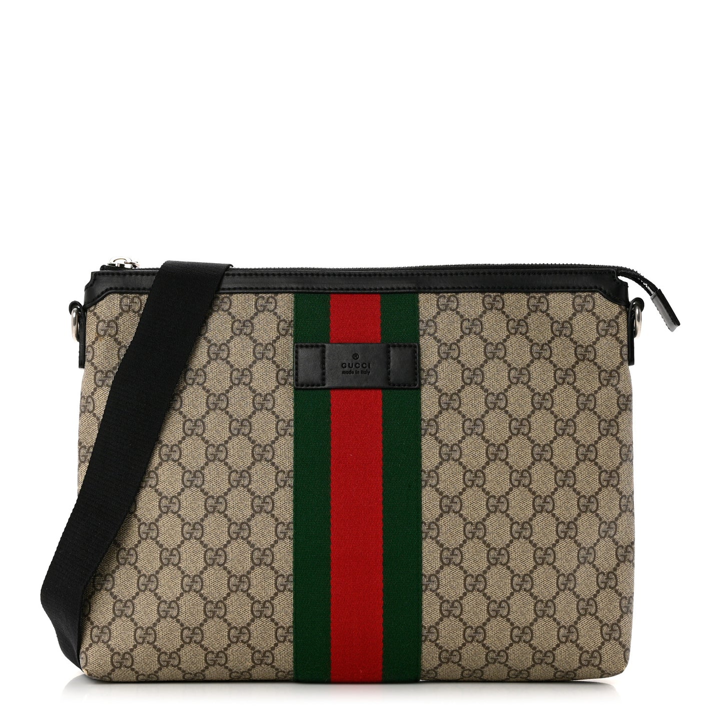 GG Supreme Monogram Calfskin Web Medium Flat Messenger Bag Beige Ebony Black