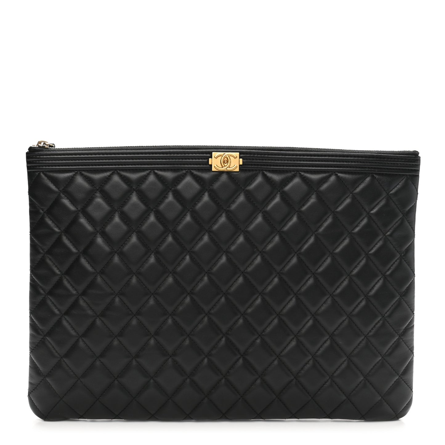 Lambskin Quilted Large Boy Zip Pouch Black
