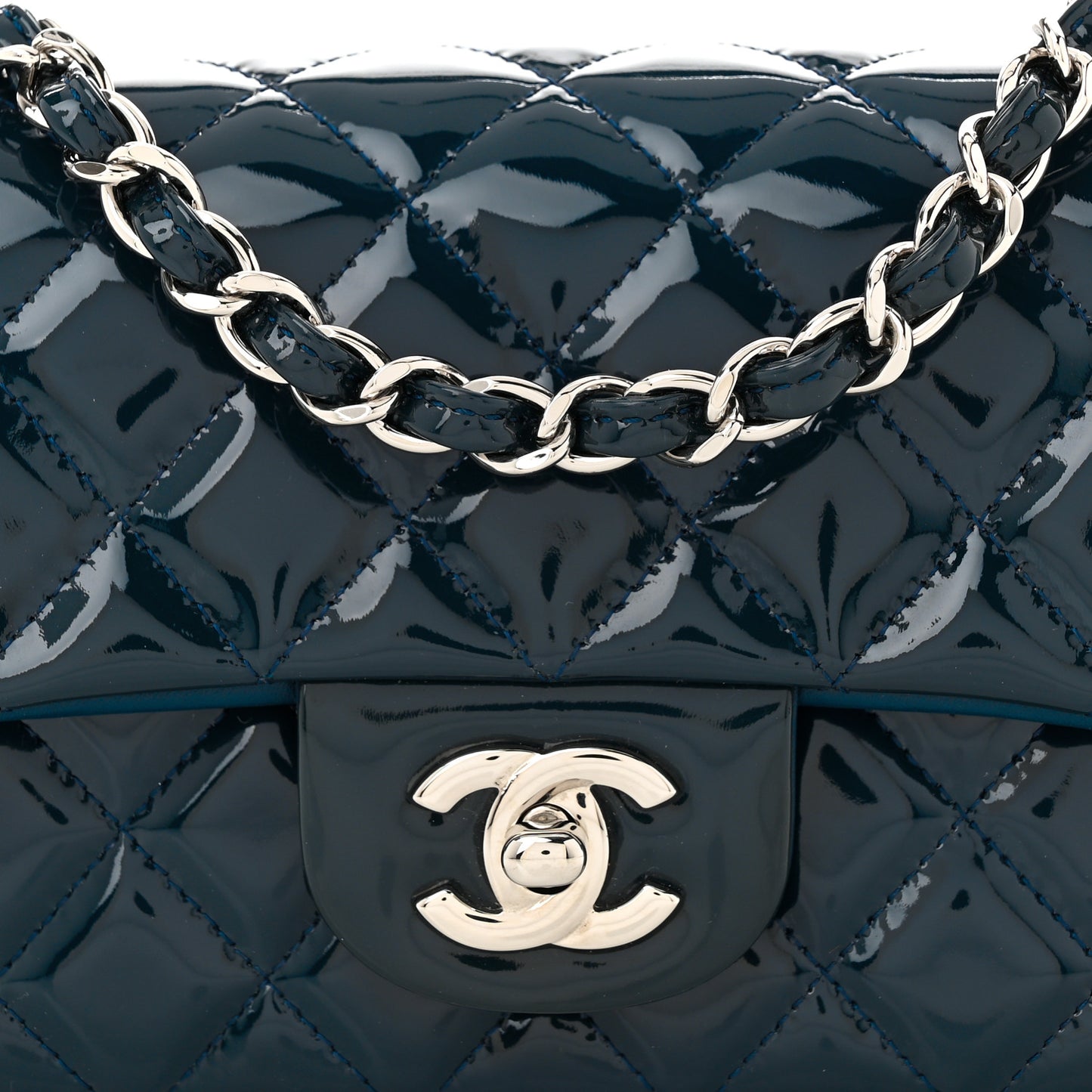 Patent Calfskin Quilted Mini Rectangular Flap Navy Blue