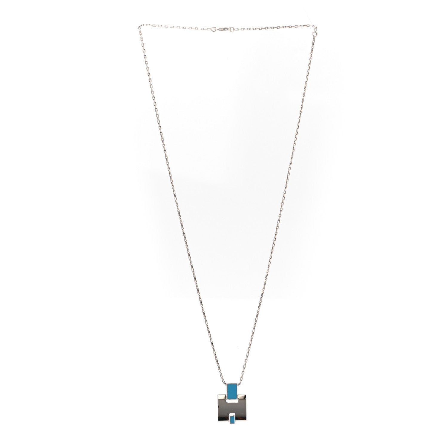 Hermes Palladium Lacquered Eileen Pendant Necklace Bleu Zanzibar 3 of 7