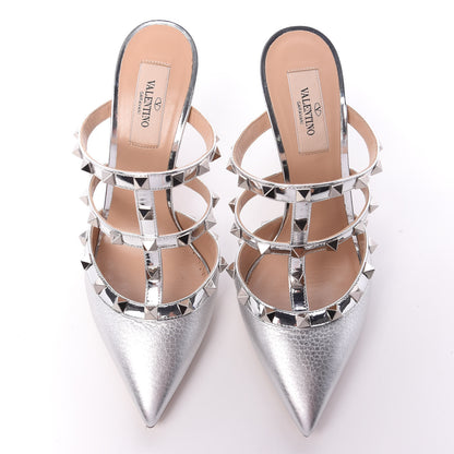 Valentino Garavani Metallic Pebbled Calfskin Rockstud 90mm Cage Mules 36.5 Silver 5 of 10