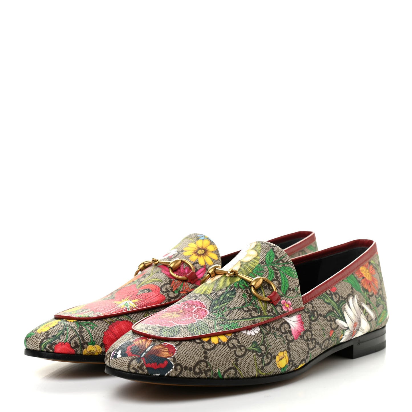 Canvas GG Monogram Flora Horsebit Womens Jordaan Loafers 41 Beige Ebony Multicolor Red