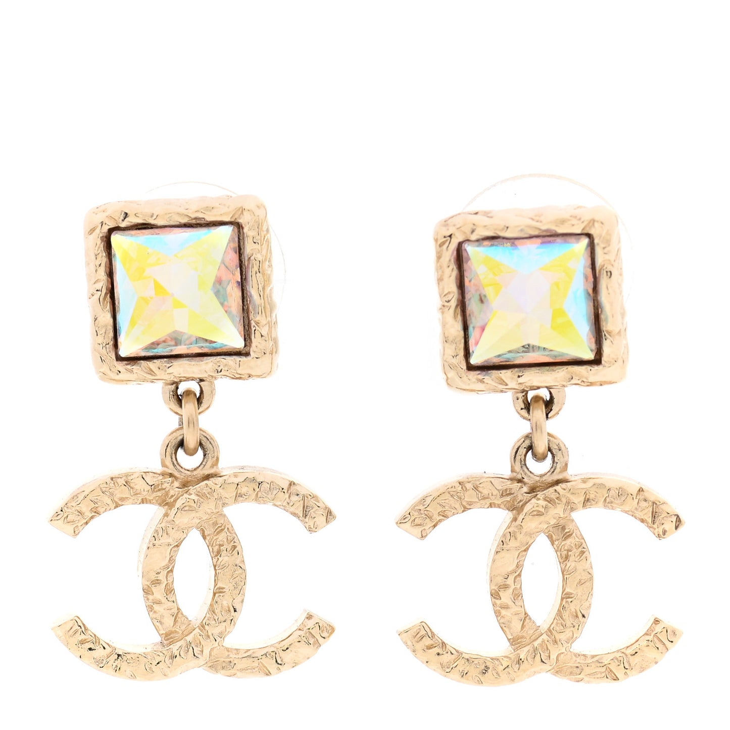 Iridescent Baguette Crystal CC Drop Earrings Gold