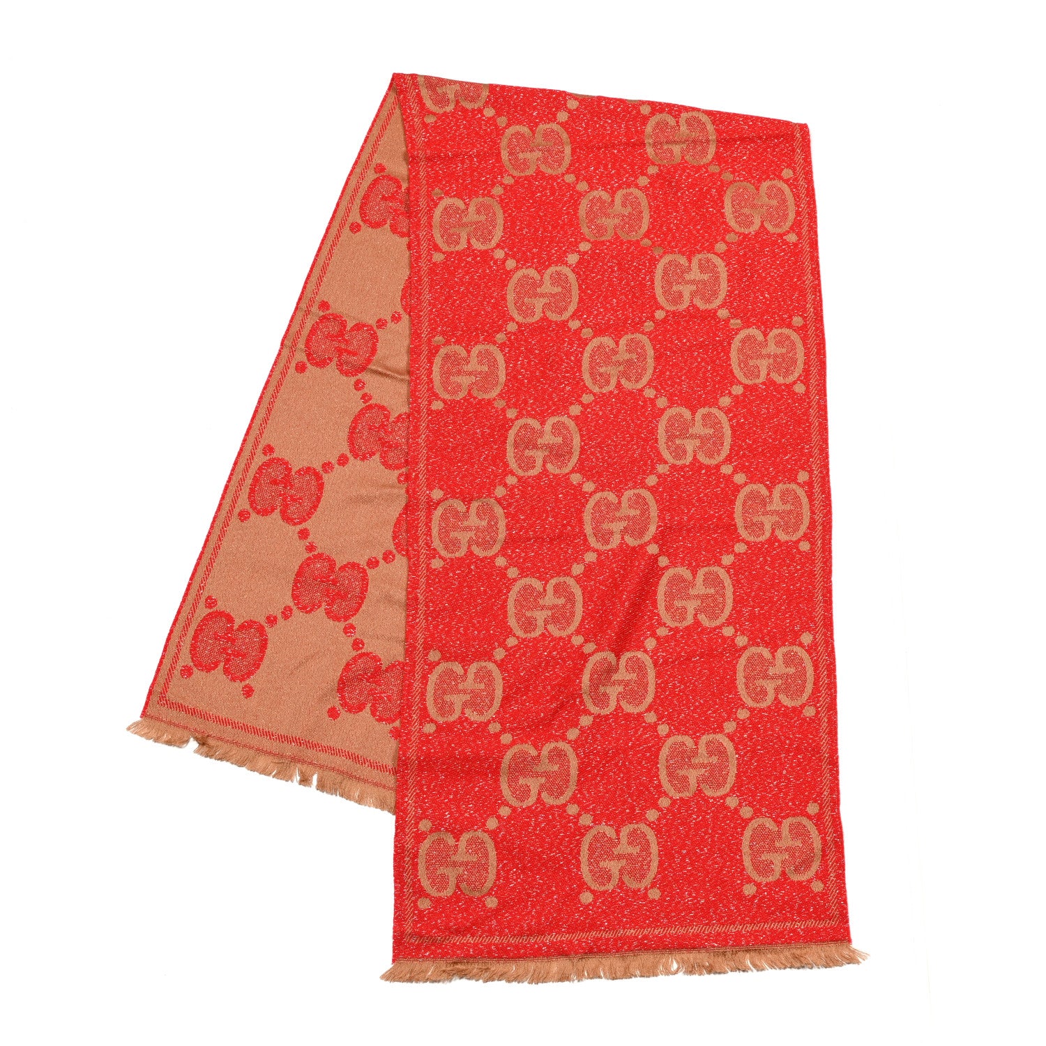 Gucci Wool Lame Jacquard Monogram Jumbo GG Lady Nest Lux Scarf Flame Beige 3 of 5