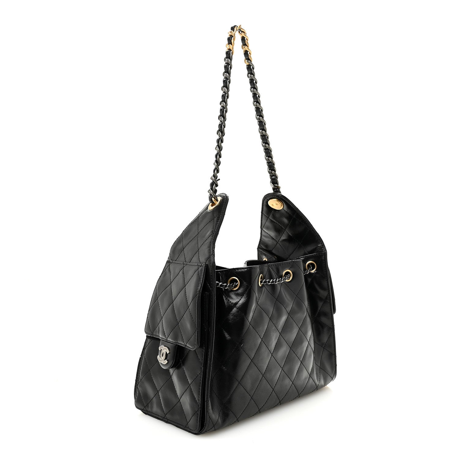 Chanel Shiny Crumpled Calfskin Quilted Small Chanel 25 Handbag Black 3 of 11