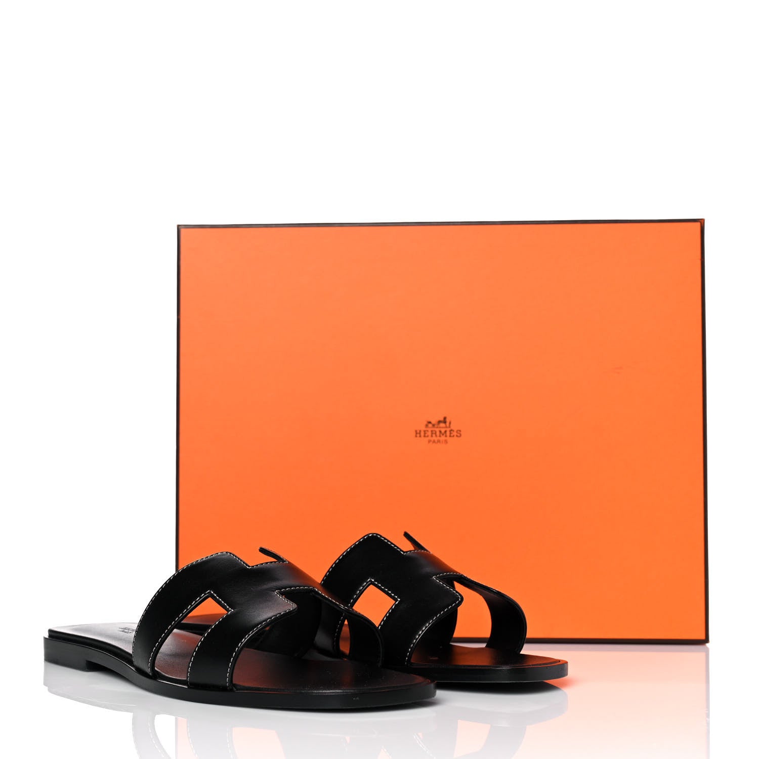Hermes Box Calfskin Oran Sandals 37.5 Black 10 of 10