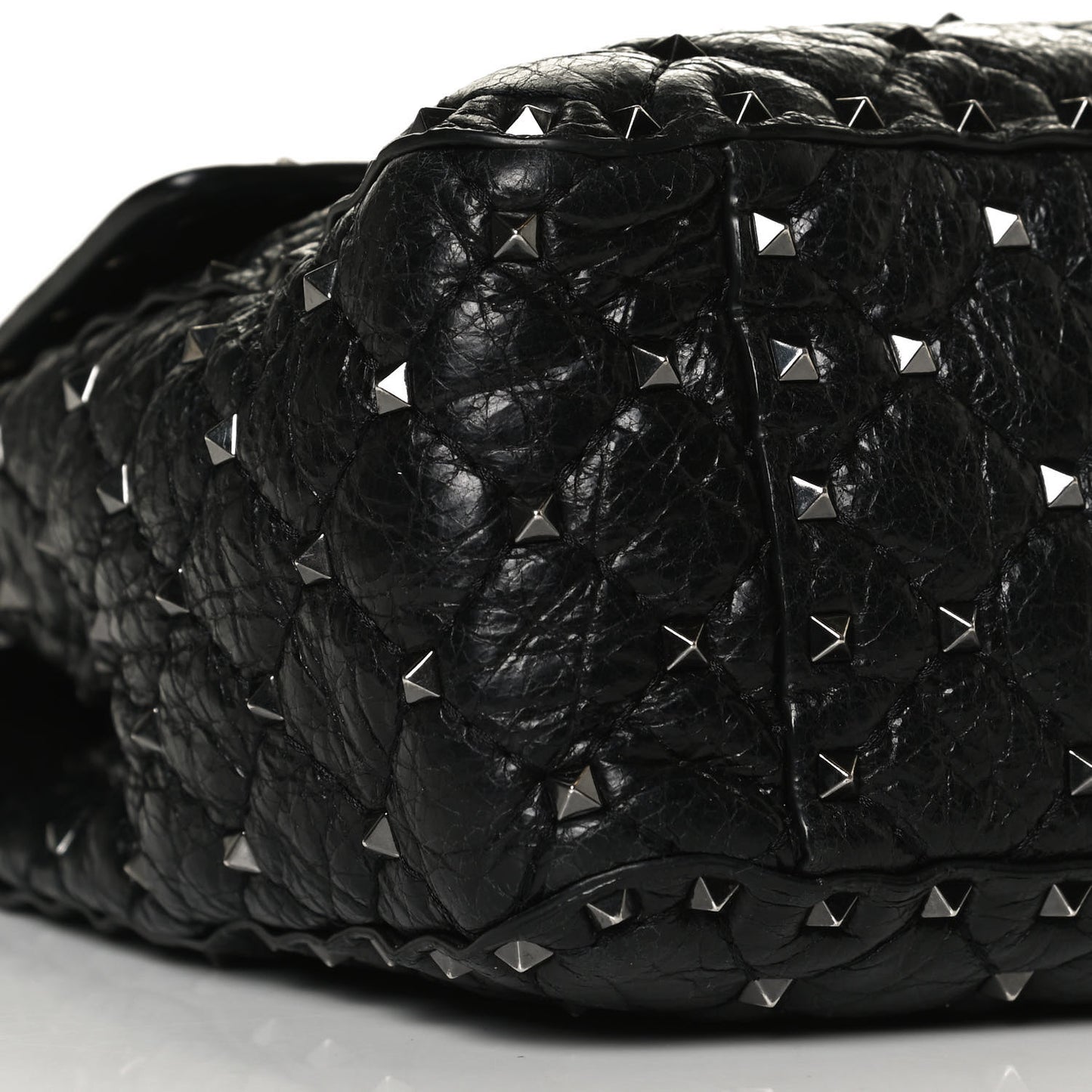 Craquele Nappa Large Rockstud Spike Shoulder Bag Black