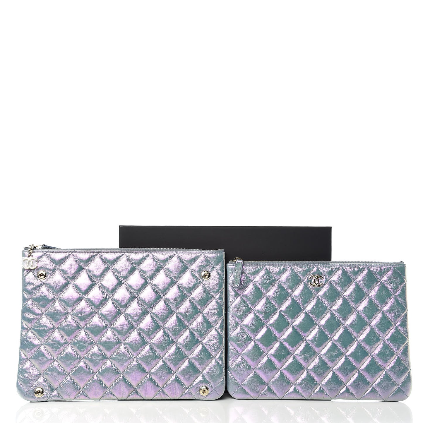 Iridescent Crumpled Lambskin Double Cosmetic Case Light Blue