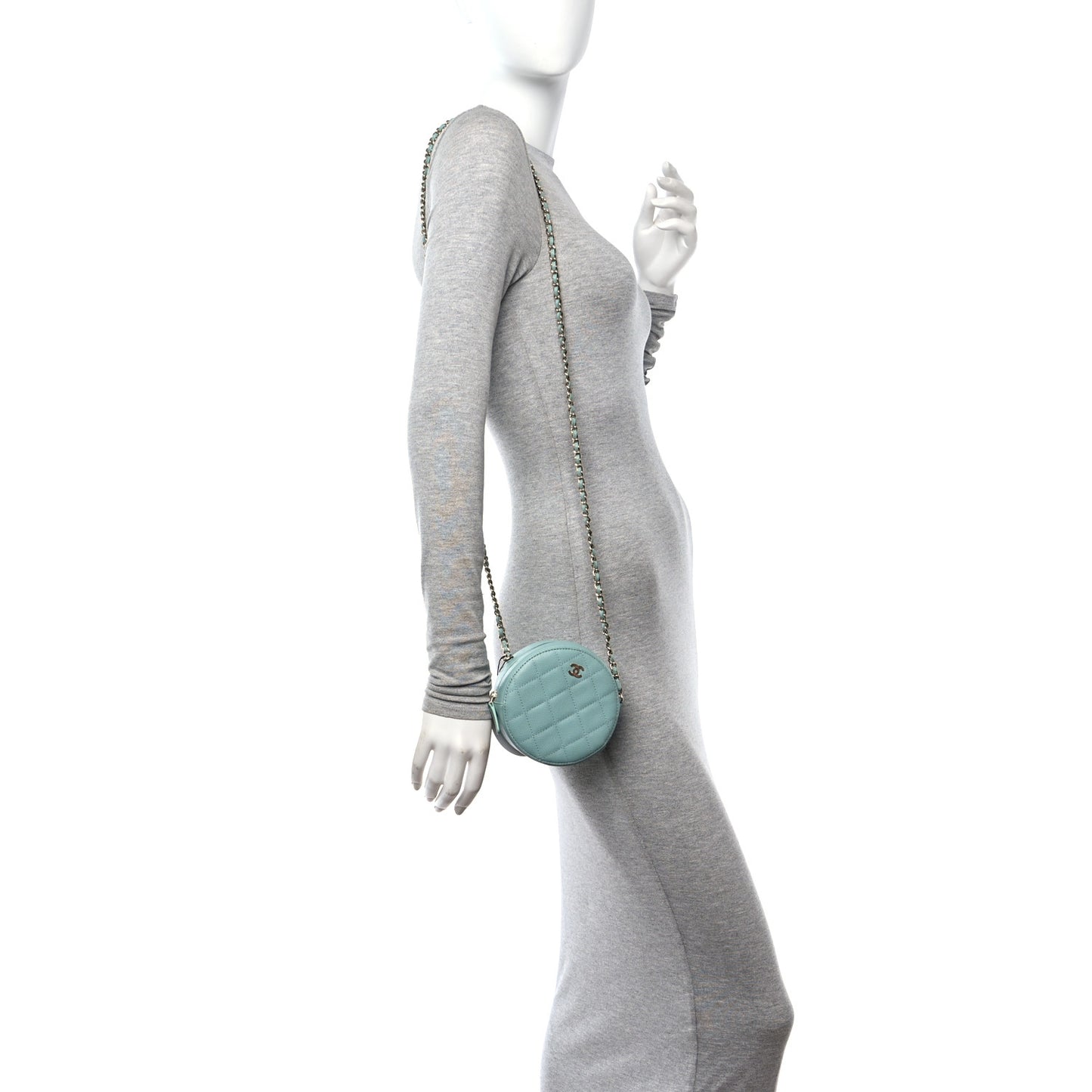 Caviar Quilted Round Clutch With Chain Light Blue