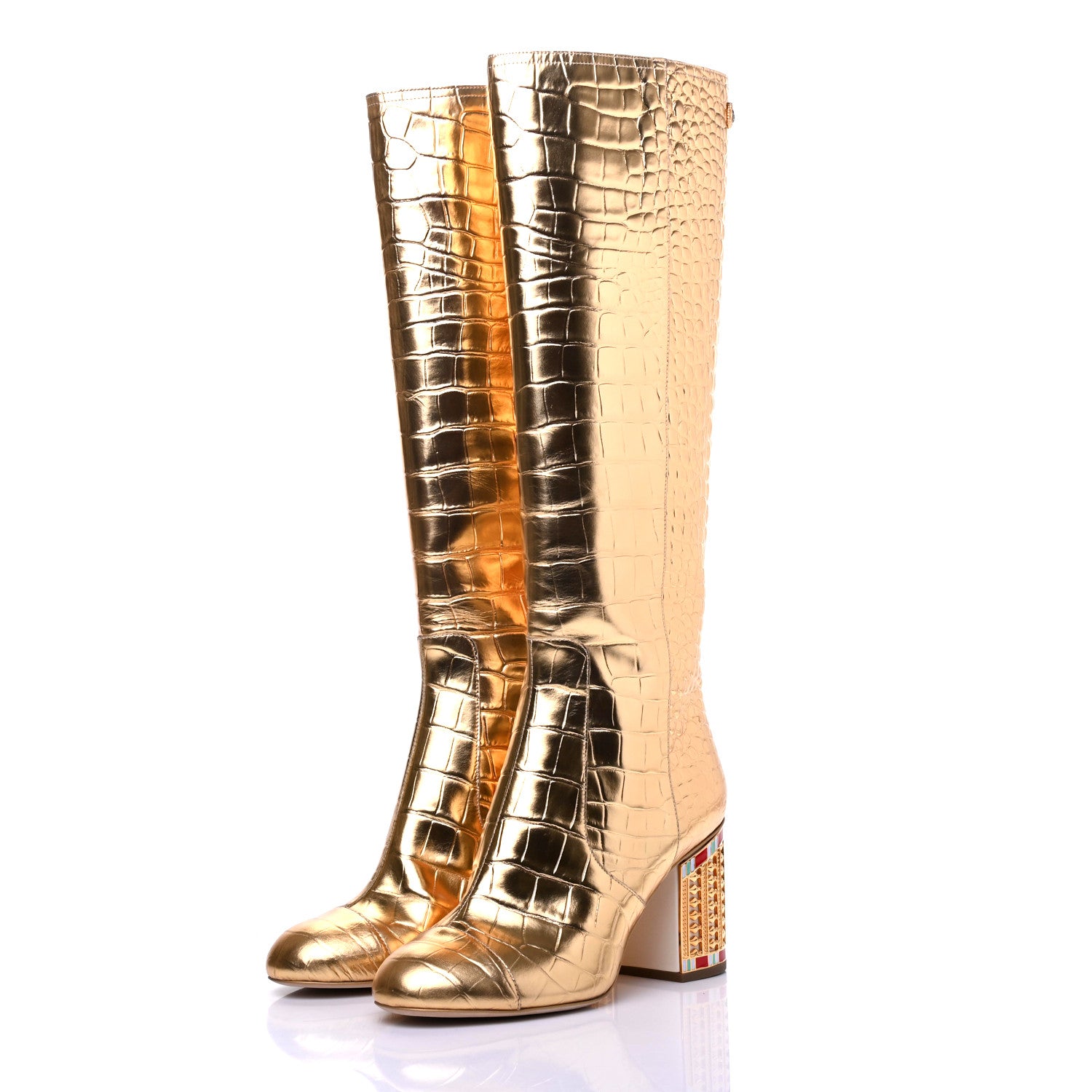 Chanel Calfskin Crocodile Embossed Cap Toe High Boots 38.5 Gold 3 of 11