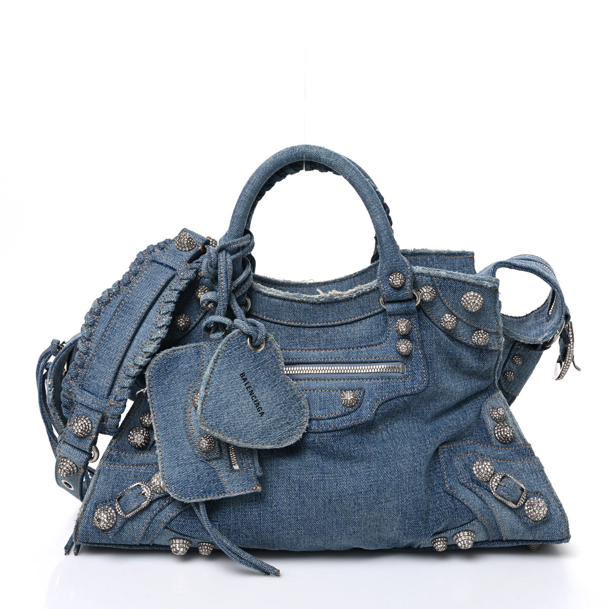 Balenciaga Washed Frayed Denim Crystal Neo Cagole City Handbag Blue 1 of 11